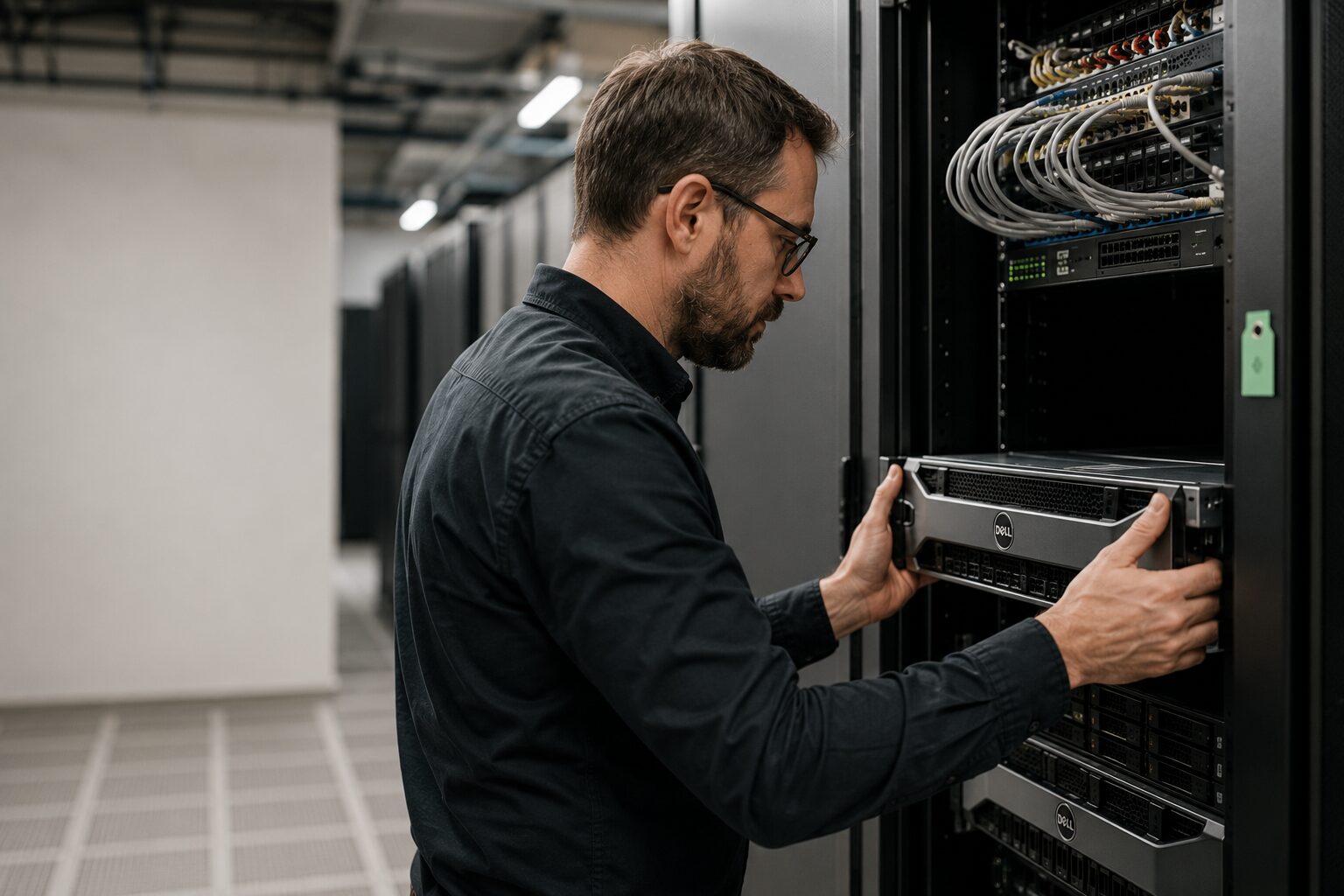 Engineer racking a server in a UK data centre